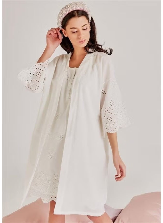 Magic Form 30108 Self-Embroidery Patterned Dressing Gown and Nightgown Set - Ecru - Image 1
